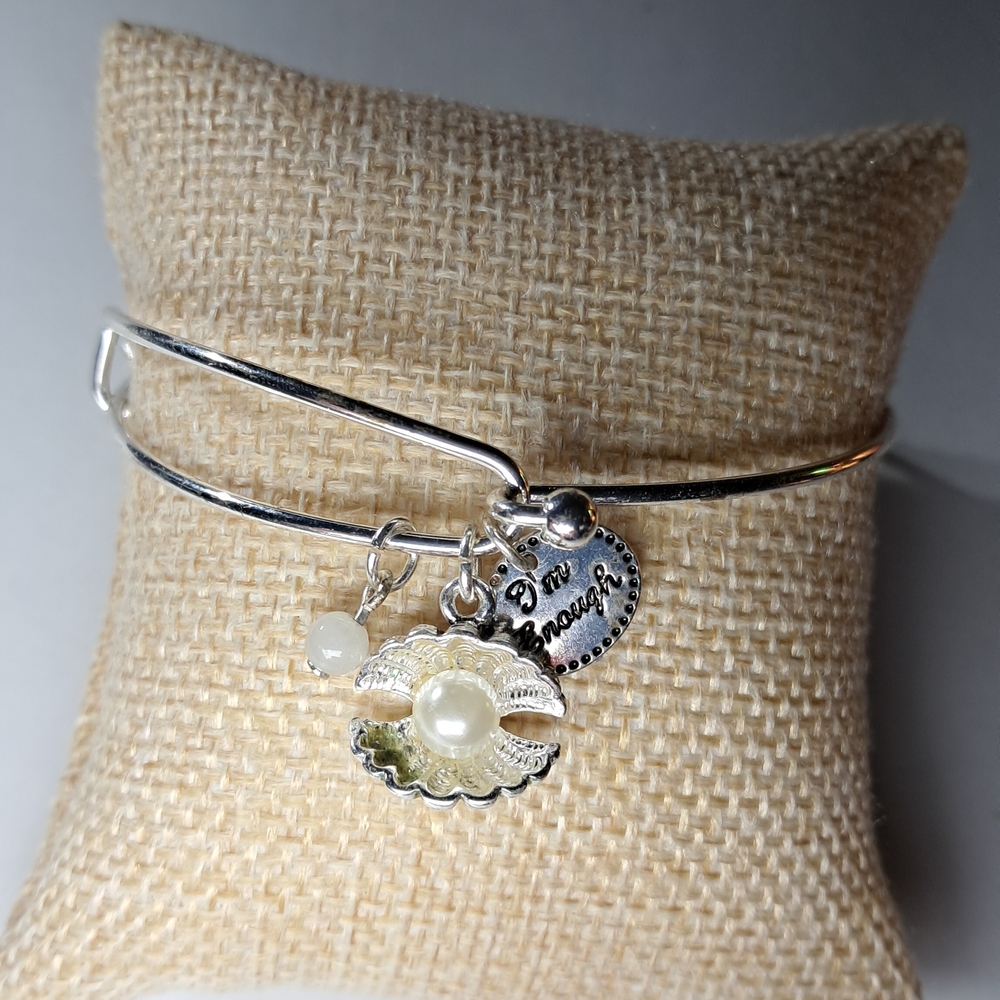Expandable Bangle "I Am Enough" Charm Bracelet w/ Shell & Pearl (Silvertone)